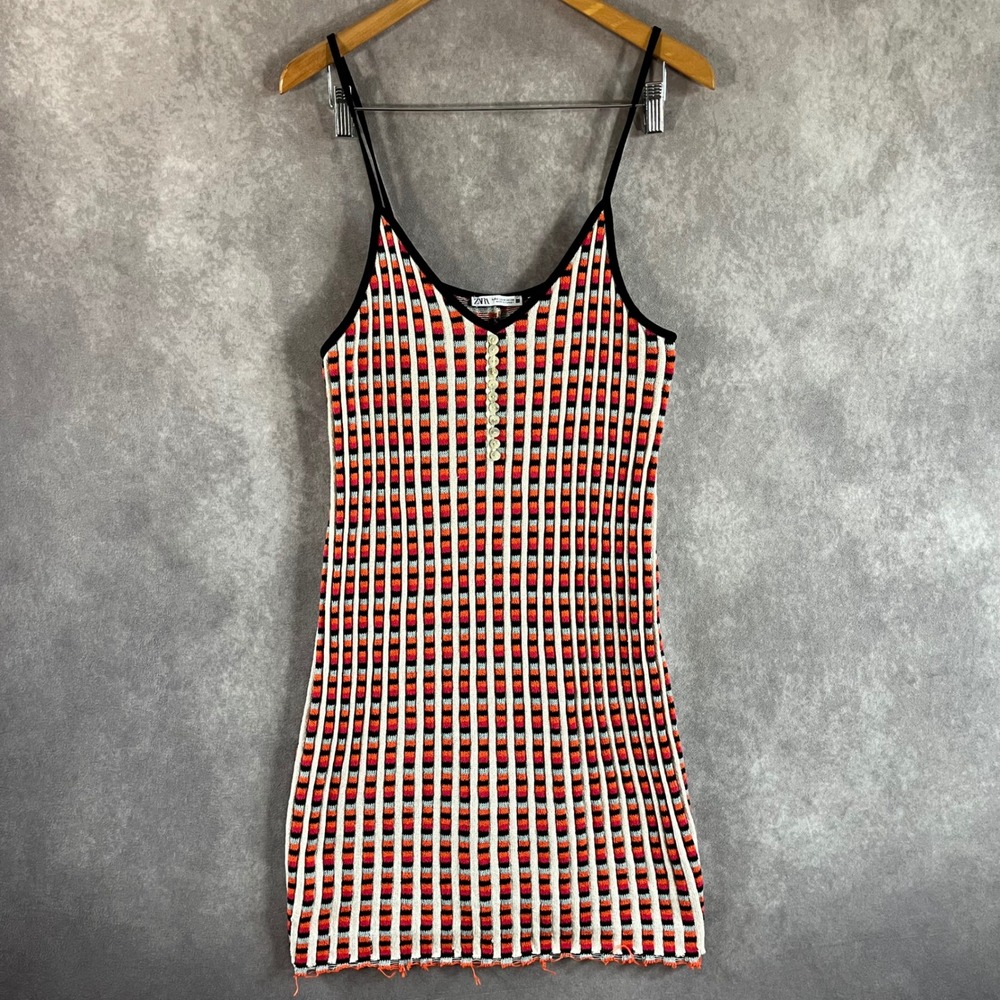 Zara Knit Mini Dress Womens M Orange Multi Stripe Button Front Spaghetti Strap